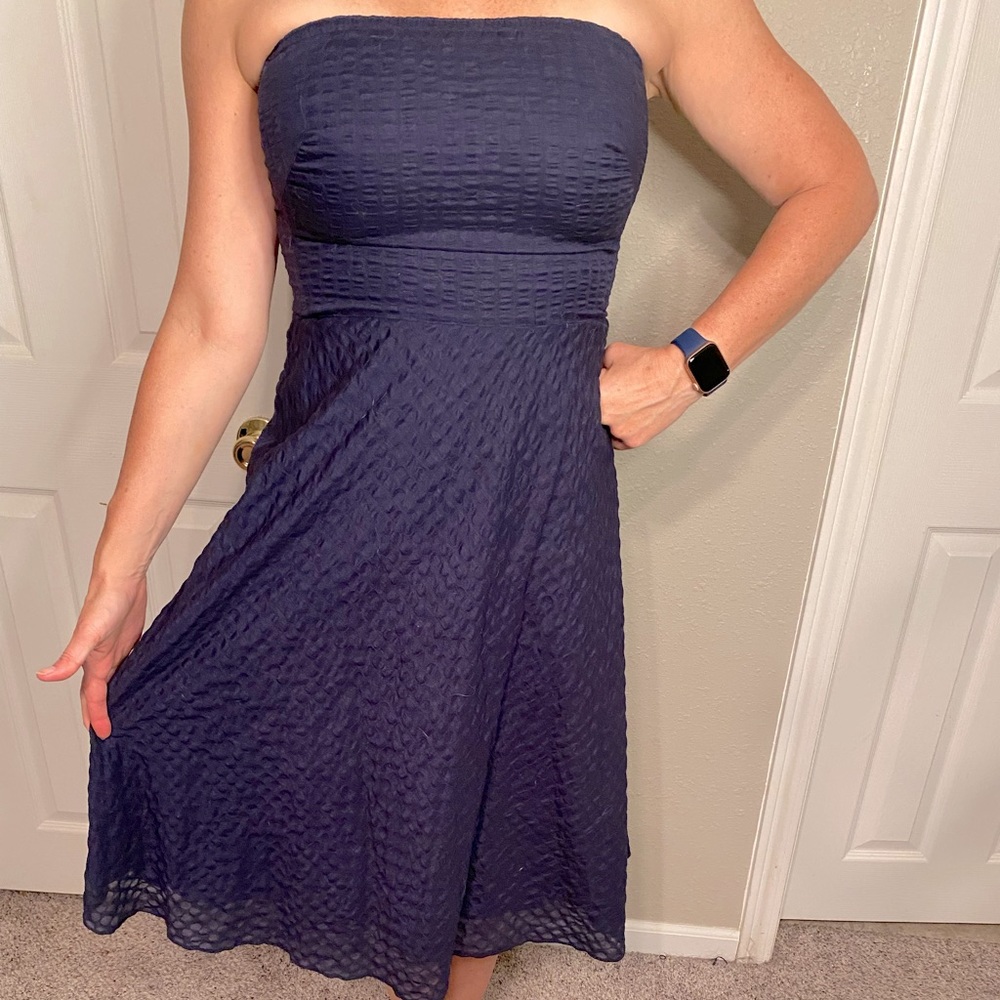 Vintage J. Crew navy blue strapless dress.